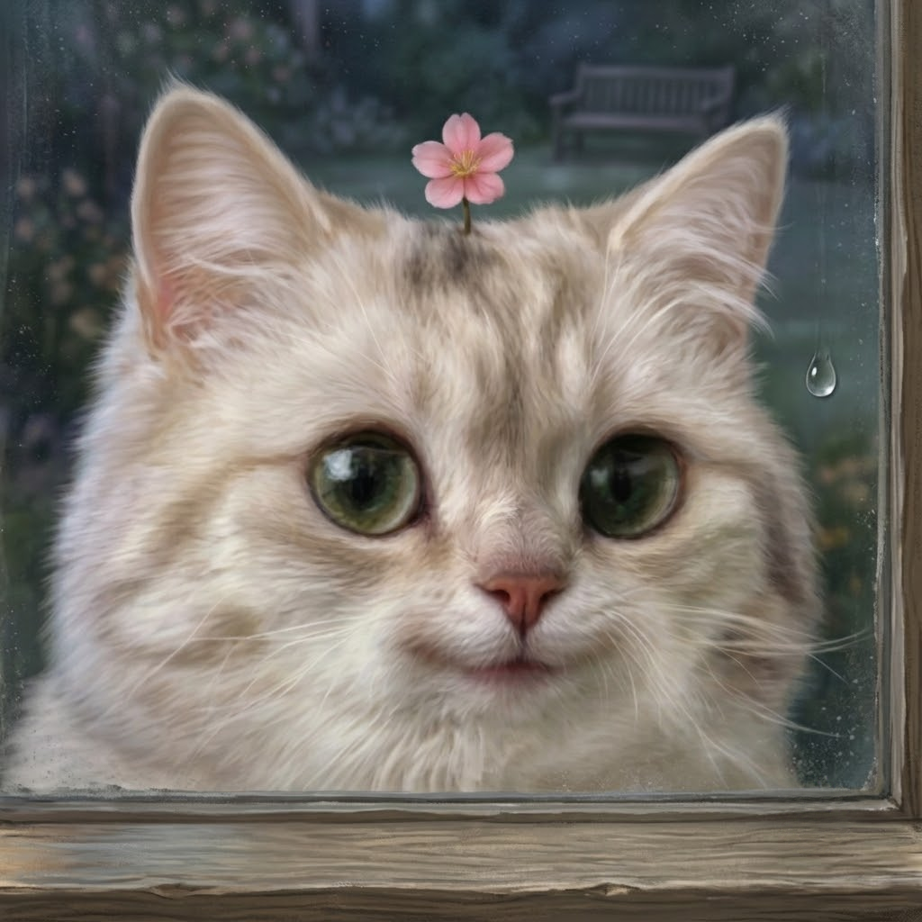 Mimi behind the rainy glass